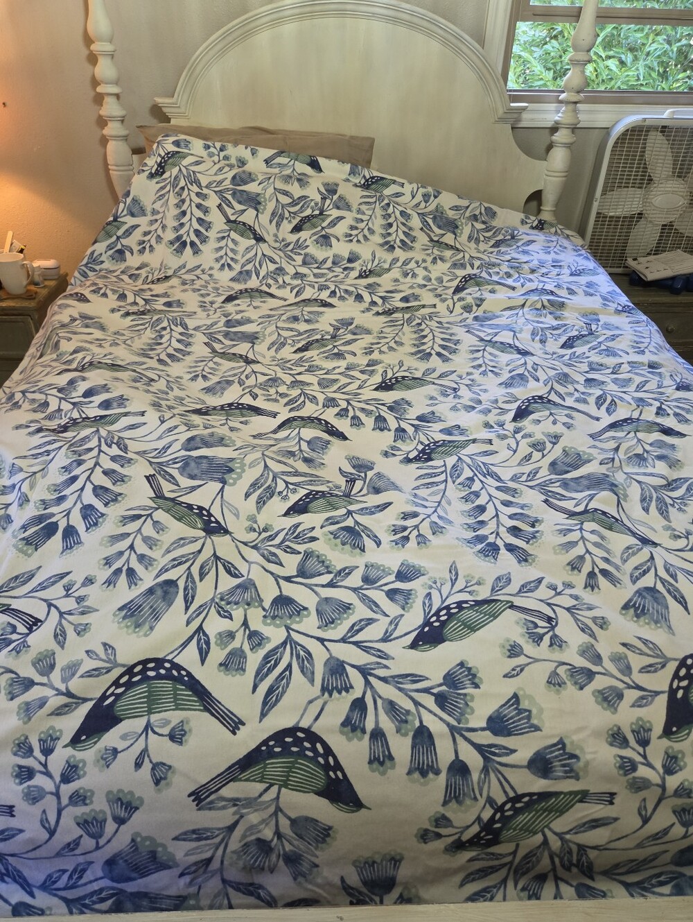 Garnet Hill Twin Size Sinature Bird Flannel White/blue Duvet Cover